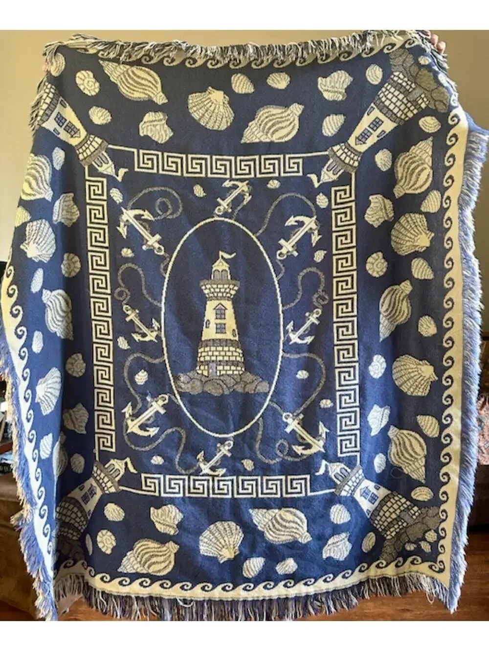 Reversible Nautical Lighthouse and Shell Pattern Throw Blanket